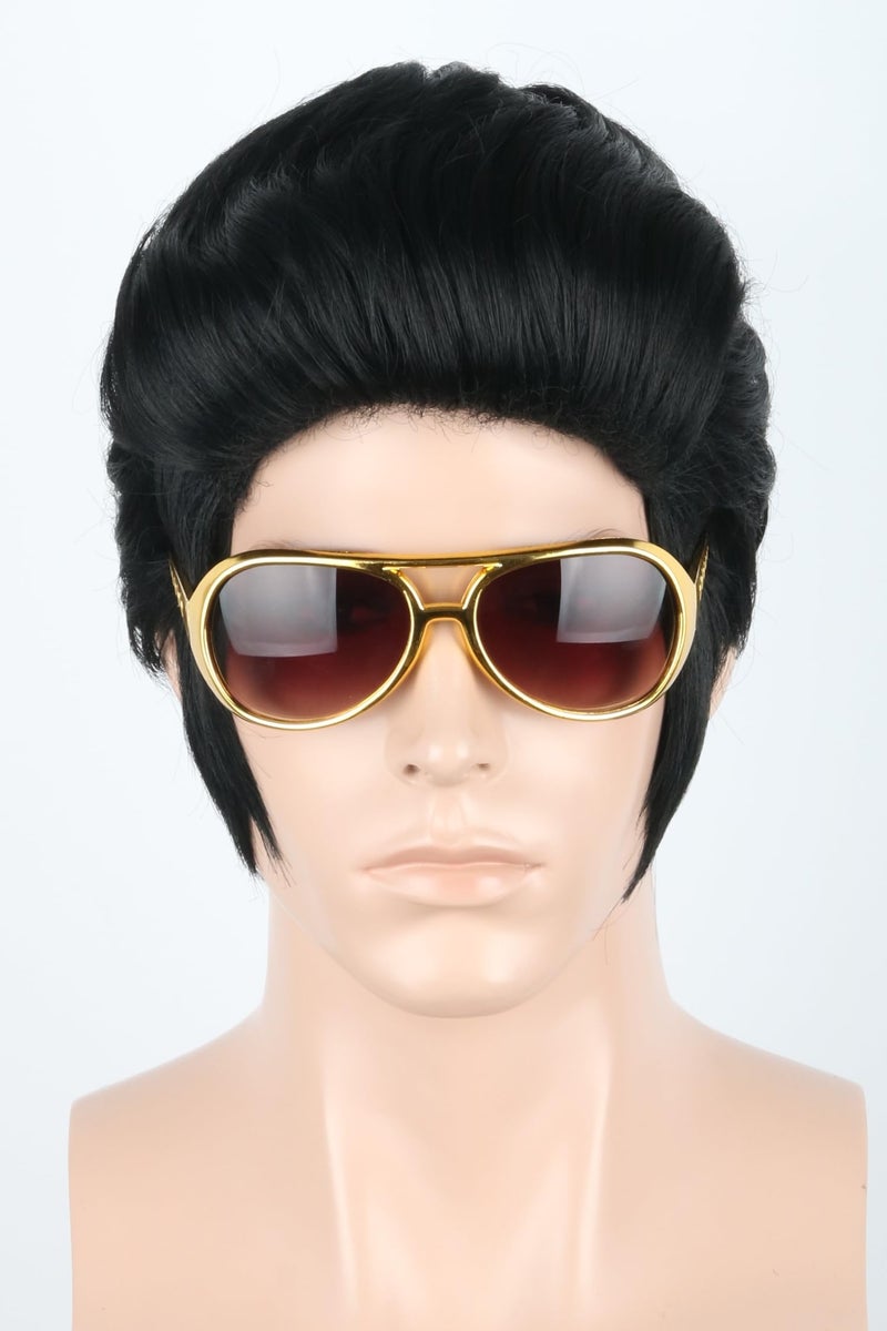 LeMarnia Men's Costume Wig Black Short Disco Wig 50s Rock Singer Wigs for Halloween Party Cosplay - Image 2